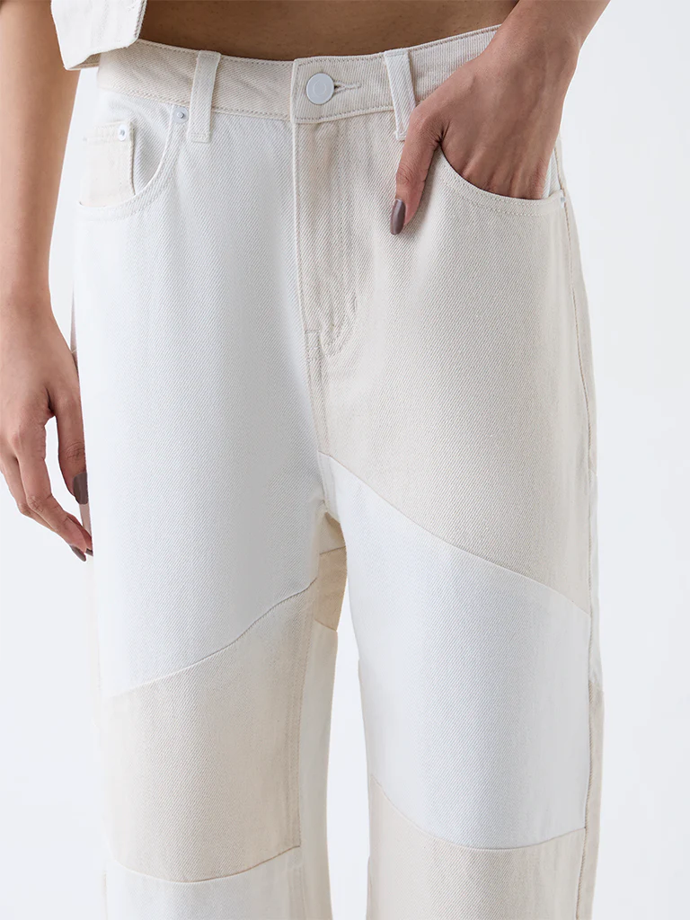 Nuon Off-White Colour-Block High-Rise Cotton Jeans - Image 3