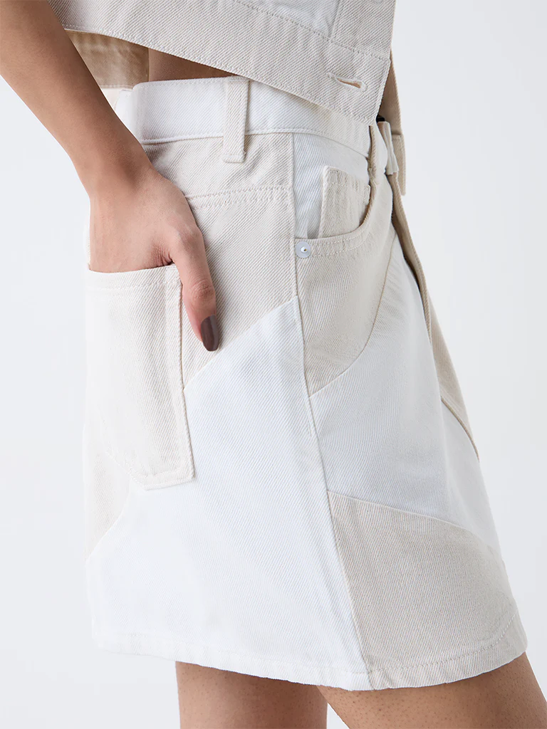 Nuon Off White Colour-Block High-Rise Denim Skirt - Image 3