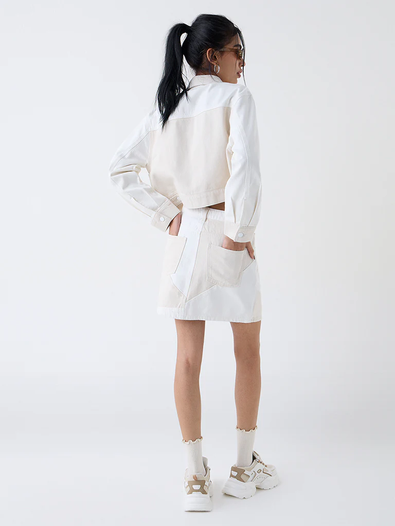 Nuon Off White Colour-Block High-Rise Denim Skirt - Image 4