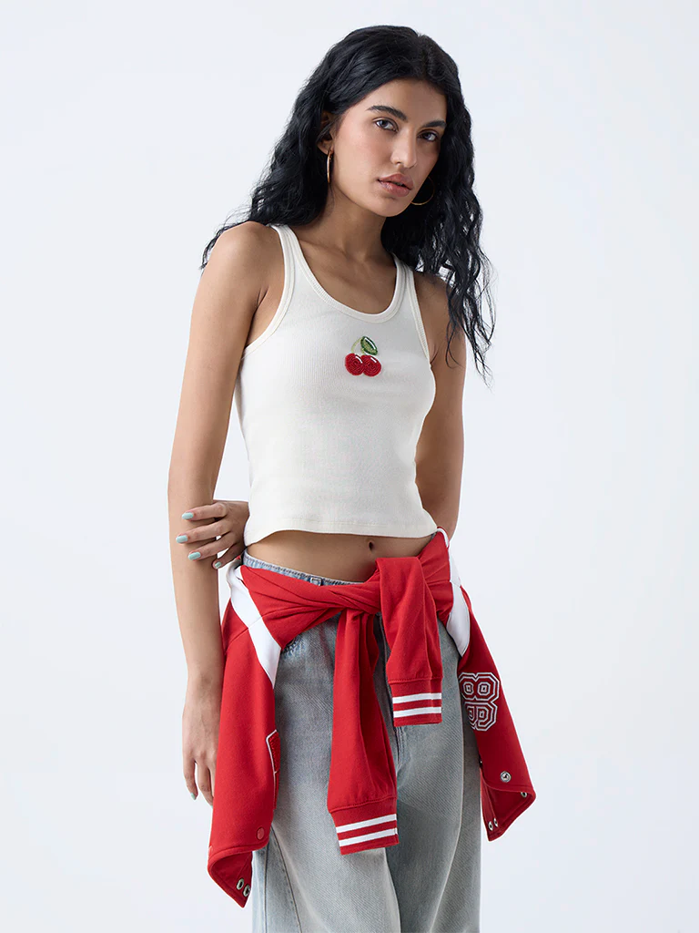Nuon Off-White Embellished Cotton-Blend Tank Top - Image 2