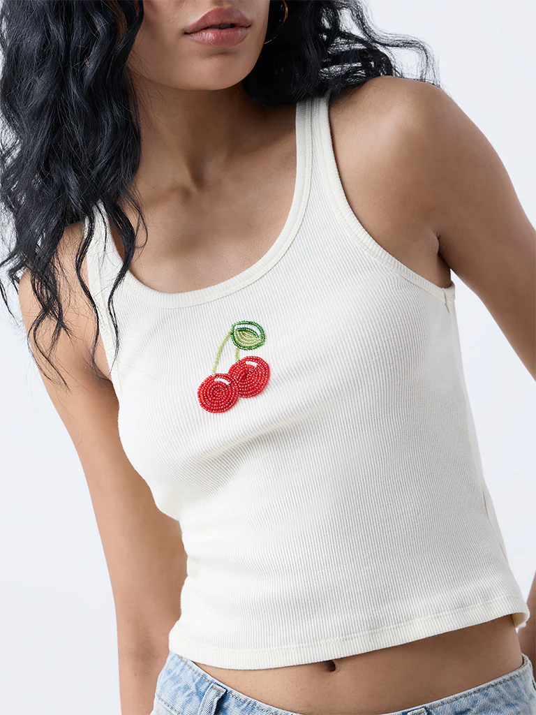 Nuon Off-White Embellished Cotton-Blend Tank Top - Image 3