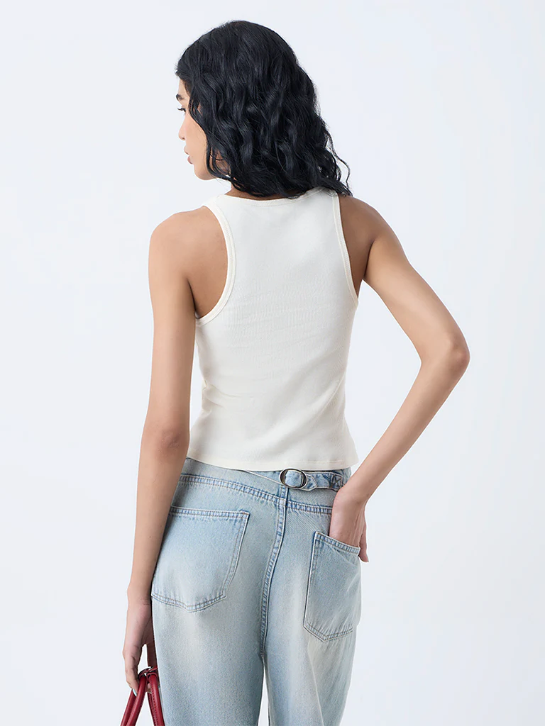 Nuon Off-White Embellished Cotton-Blend Tank Top - Image 4