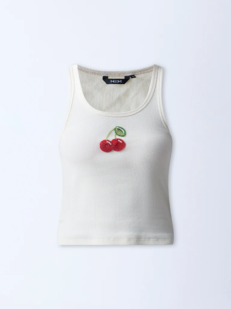 Nuon Off-White Embellished Cotton-Blend Tank Top - Image 5