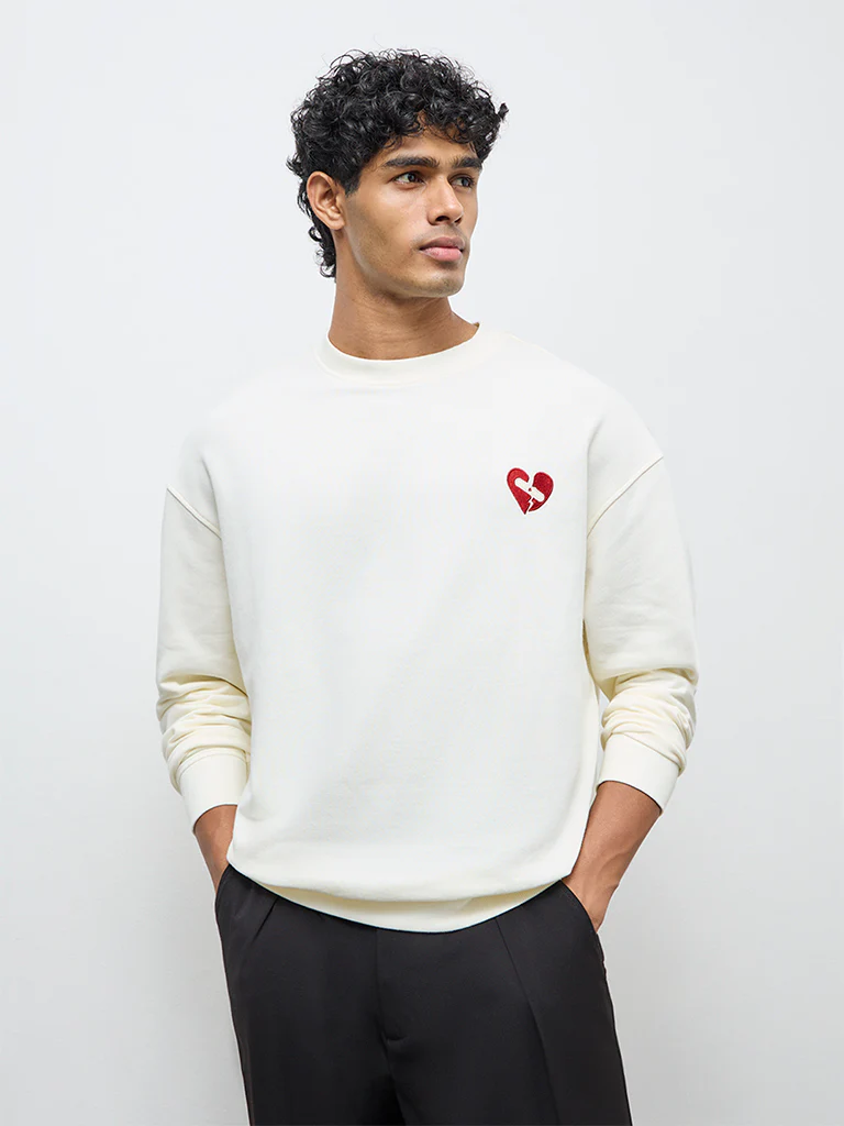 Nuon Off-White Embroidered Relaxed-Fit Cotton Sweatshirt