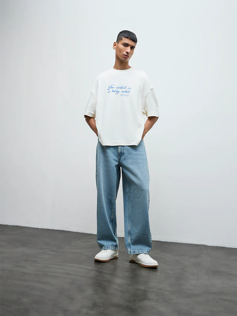 Nuon Off-White Embroidered Relaxed-Fit Cotton T-Shirt - Image 2