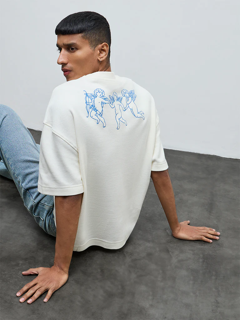 Nuon Off-White Embroidered Relaxed-Fit Cotton T-Shirt - Image 4