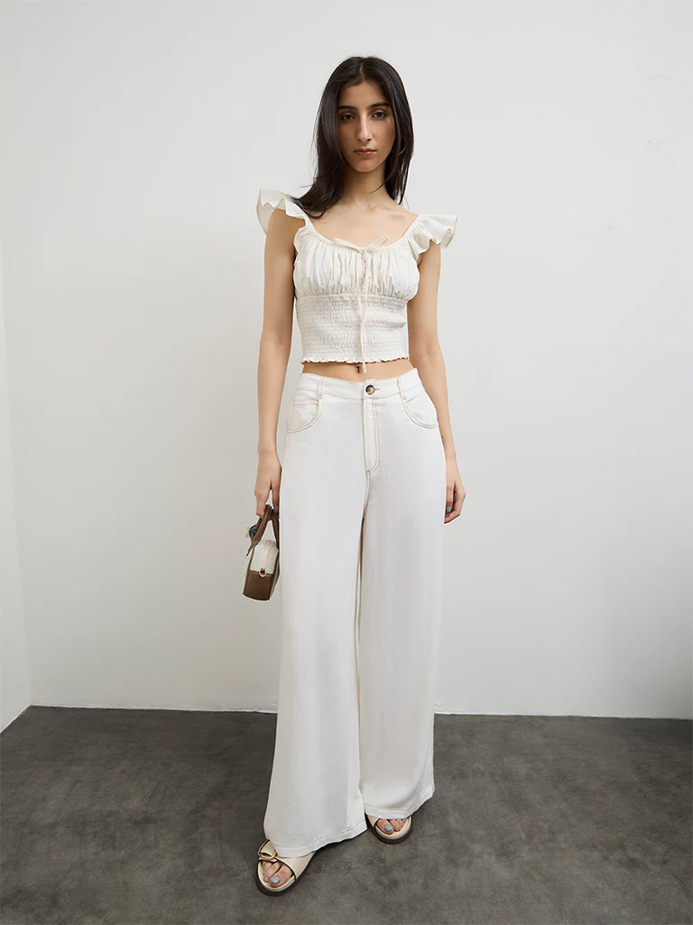 Nuon Off-White Flared High-Rise Cotton Trousers