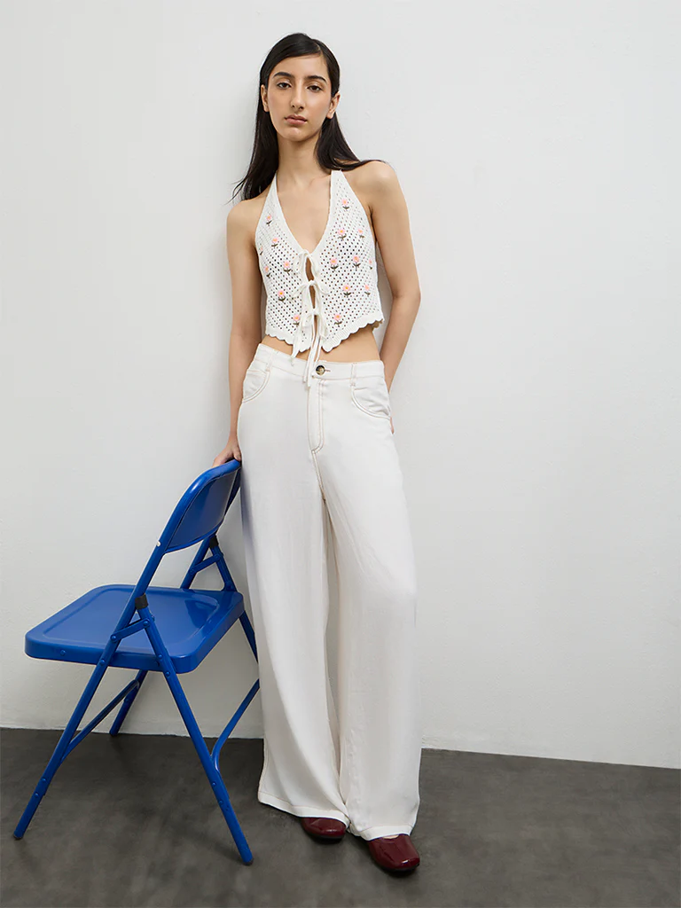 Nuon Off-White Floral Embroidered Crochet Top