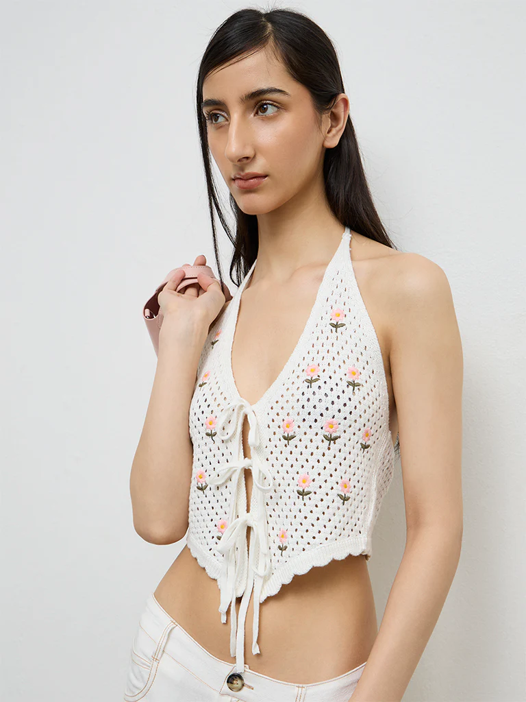 Nuon Off-White Floral Embroidered Crochet Top - Image 2