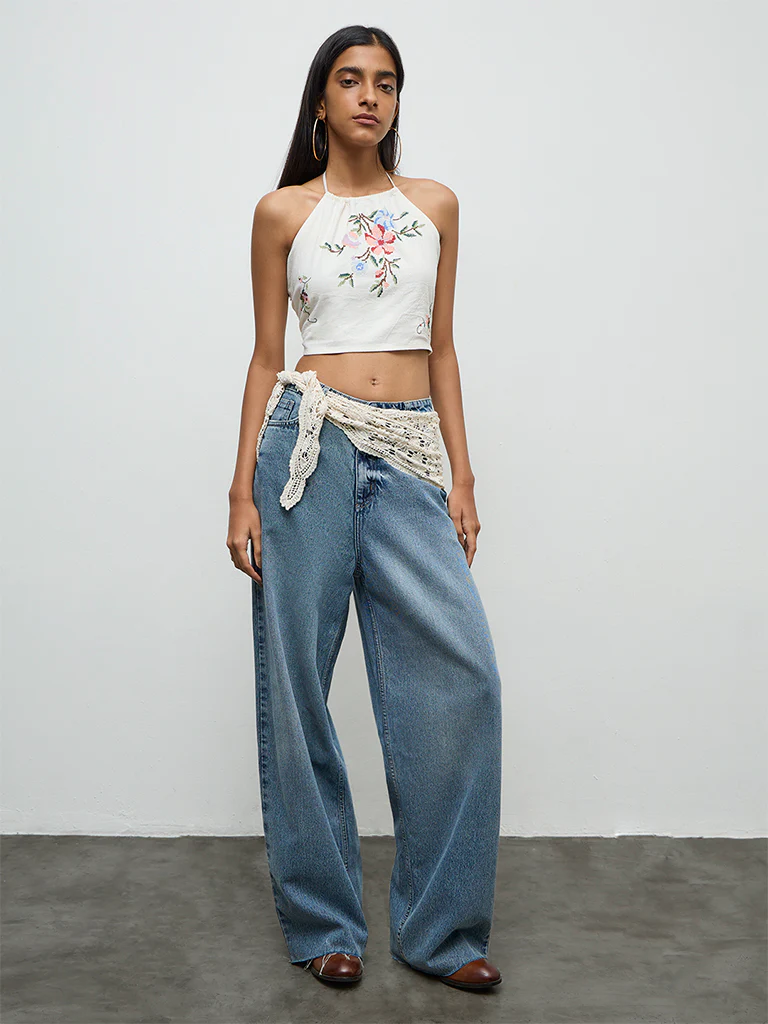 Nuon Off-White Floral Embroidered Linen Top - Image 2