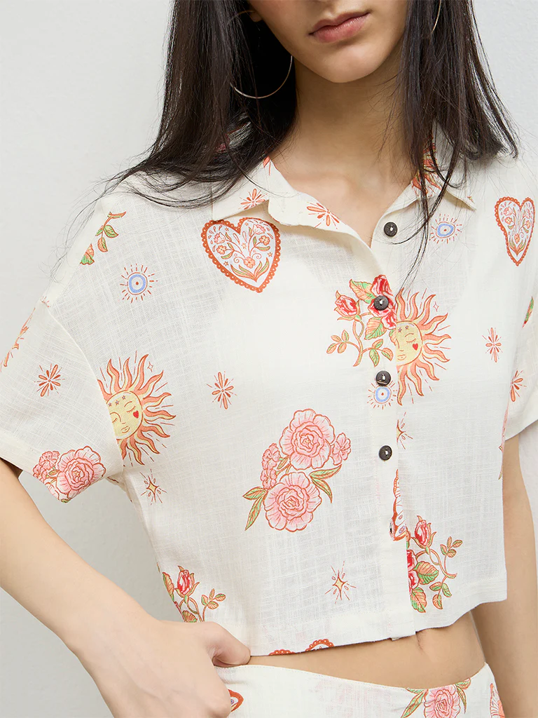 Nuon Off-White Floral Printed Shirt - Image 3