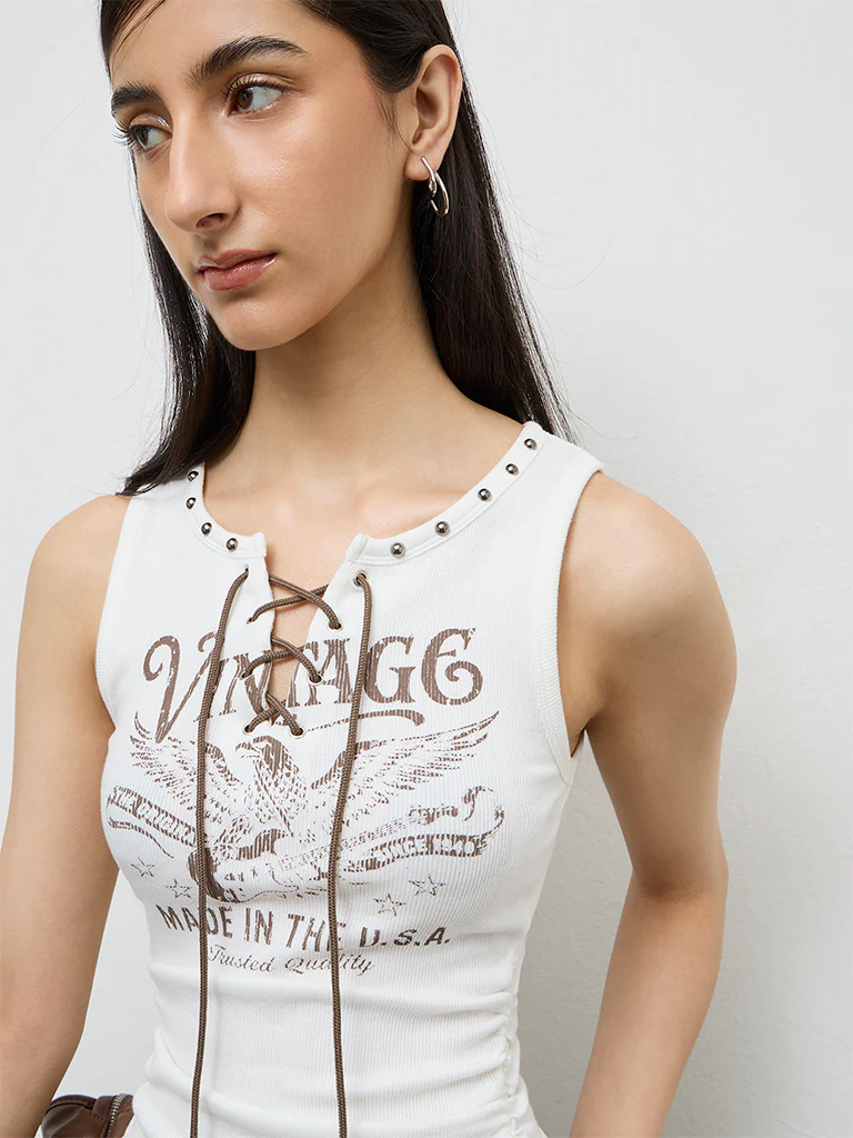 Nuon Off-White Graphic Printed Cotton-Blend Top - Image 3