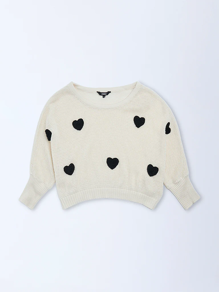 Nuon Off-White Heart Embroidered Cotton Sweater - Image 5