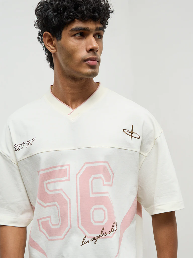 Nuon Off-White Numerical Print Oversized-Fit Cotton T-Shirt - Image 3