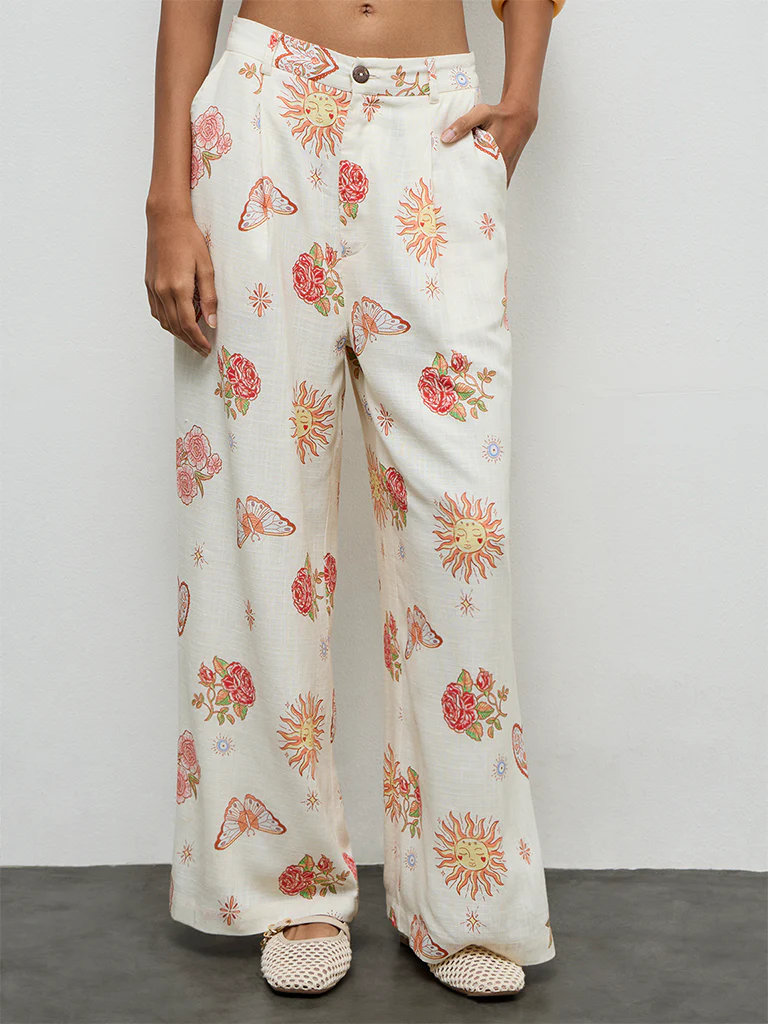 Nuon Off-White Printed High-Rise Linen Trousers - Image 2
