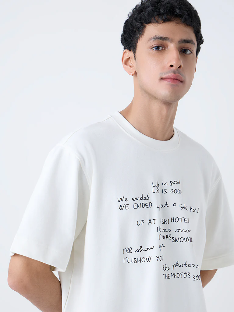 Nuon Off-White Printed Relaxed-Fit Cotton T-Shirt - Image 3