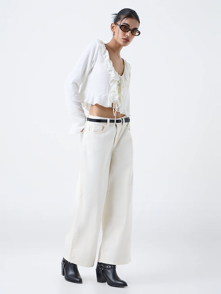 Nuon Off-White Ruffled Tie-Up Blouse - Image 2