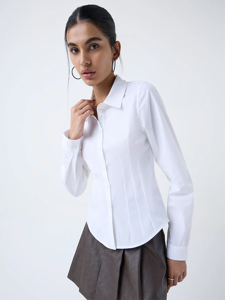 Nuon Off-White Solid Cotton-Blend Shirt - Image 2