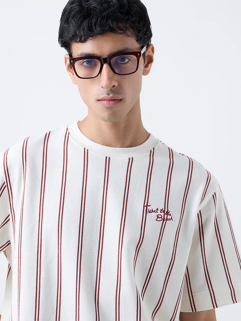 Nuon Off-White Striped Relaxed-Fit Cotton T-Shirt - Image 3