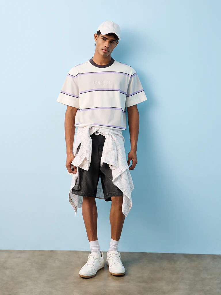 Nuon Off-White Striped Relaxed-Fit Cotton T-Shirt