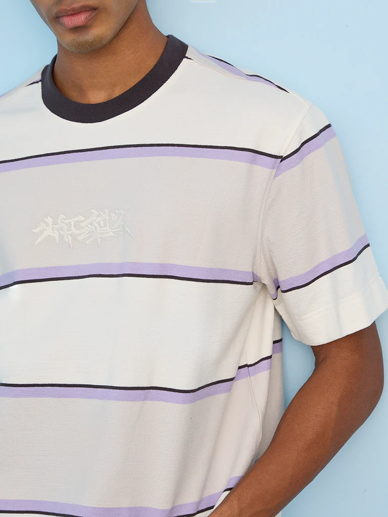 Nuon Off-White Striped Relaxed-Fit Cotton T-Shirt - Image 3