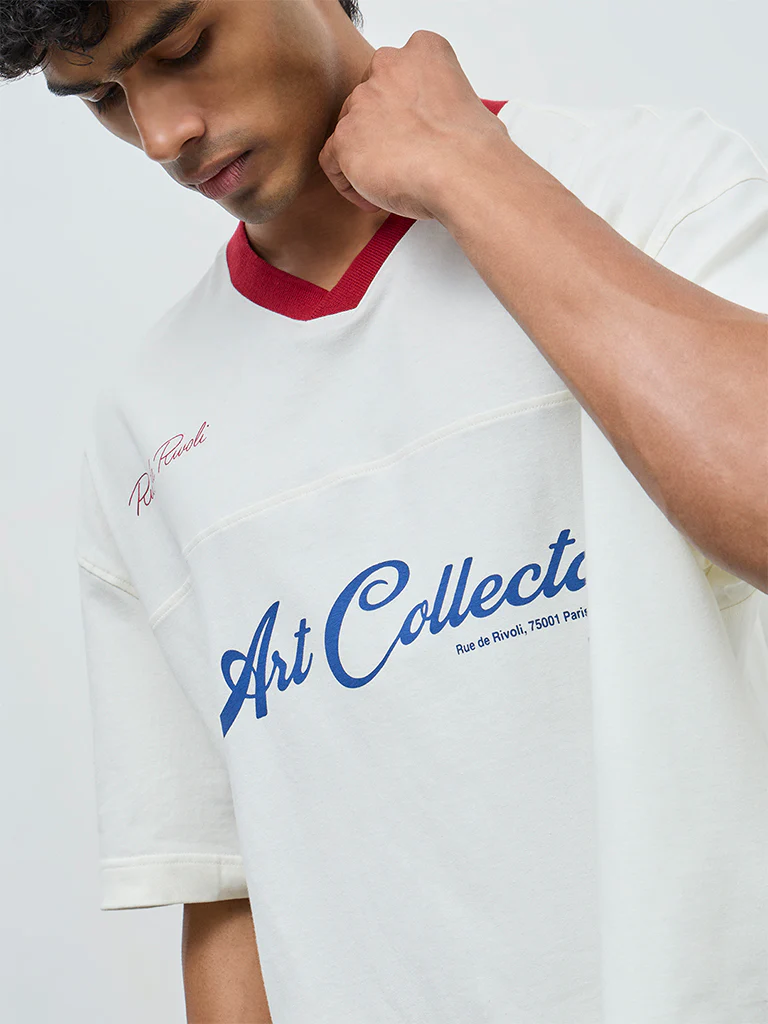 Nuon Off-White Text Design Oversized-Fit Cotton T-Shirt - Image 3