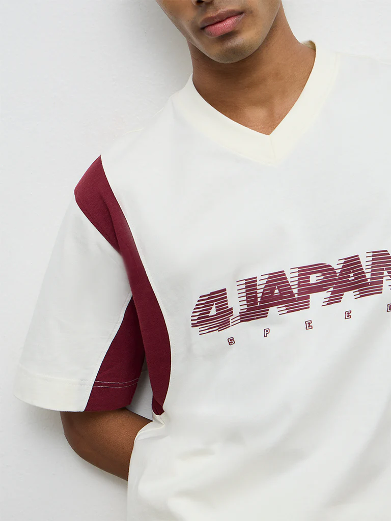 Nuon Off-White Text-Design Relaxed-Fit Cotton T-Shirt - Image 3