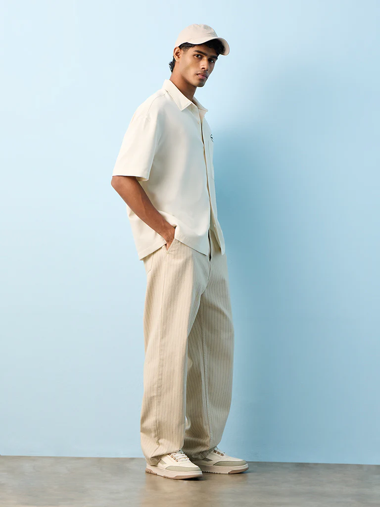 Nuon Off-White Text Embroidered Relaxed-Fit Shirt - Image 2