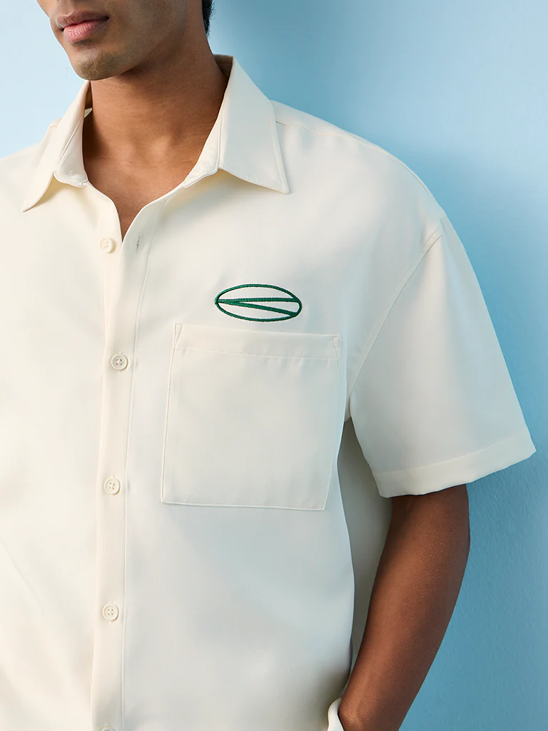 Nuon Off-White Text Embroidered Relaxed-Fit Shirt - Image 3