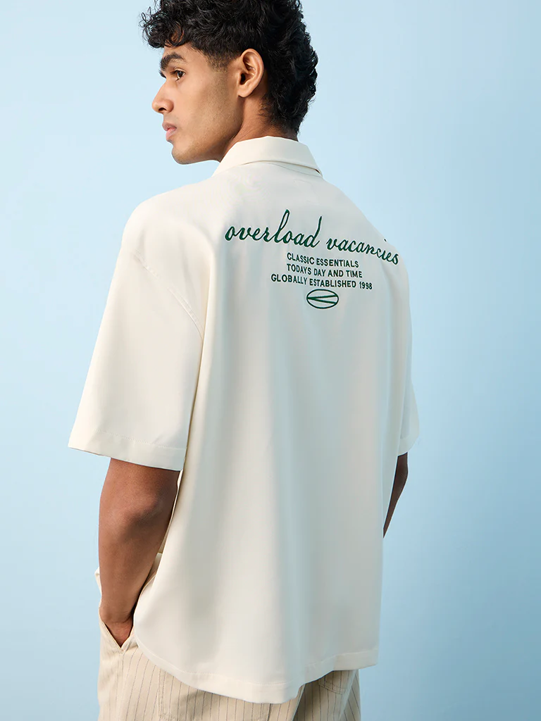 Nuon Off-White Text Embroidered Relaxed-Fit Shirt - Image 4