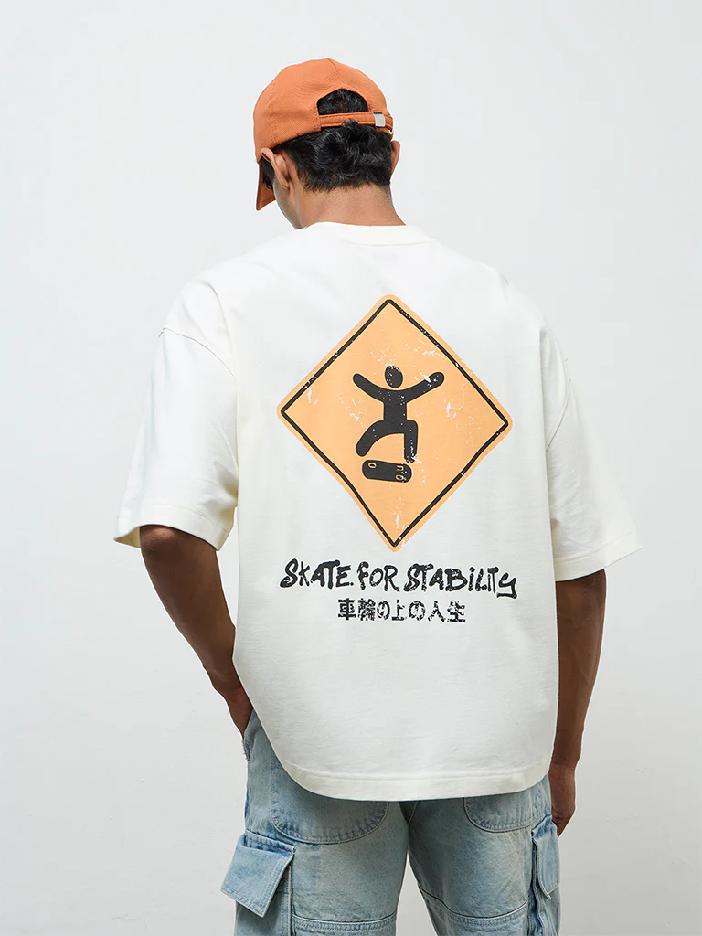 Nuon Off-White Text Printed Oversized Cotton T-Shirt - Image 4