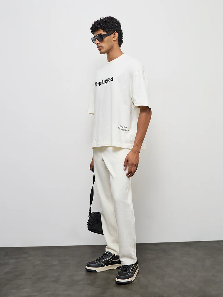 Nuon Off-White Text Printed Relaxed-Fit Cotton T-Shirt