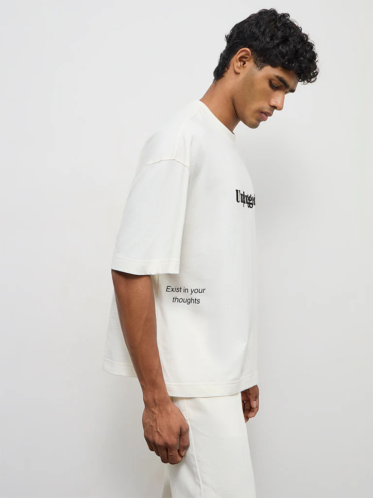 Nuon Off-White Text Printed Relaxed-Fit Cotton T-Shirt - Image 2