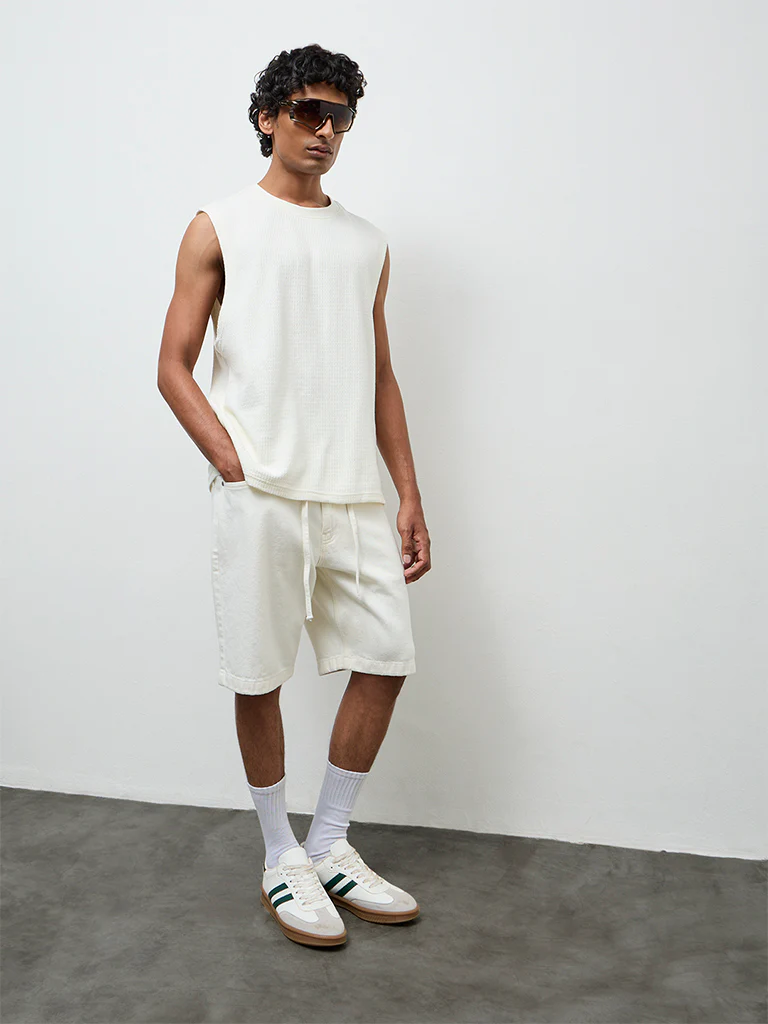 Nuon Off-White Textured Relaxed-Fit Cotton T-Shirt - Image 2