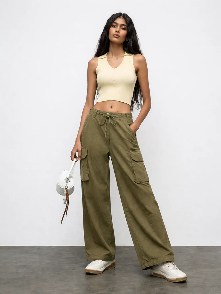 Nuon Olive Barrel-Fit High-Rise Cotton-Blend Trousers