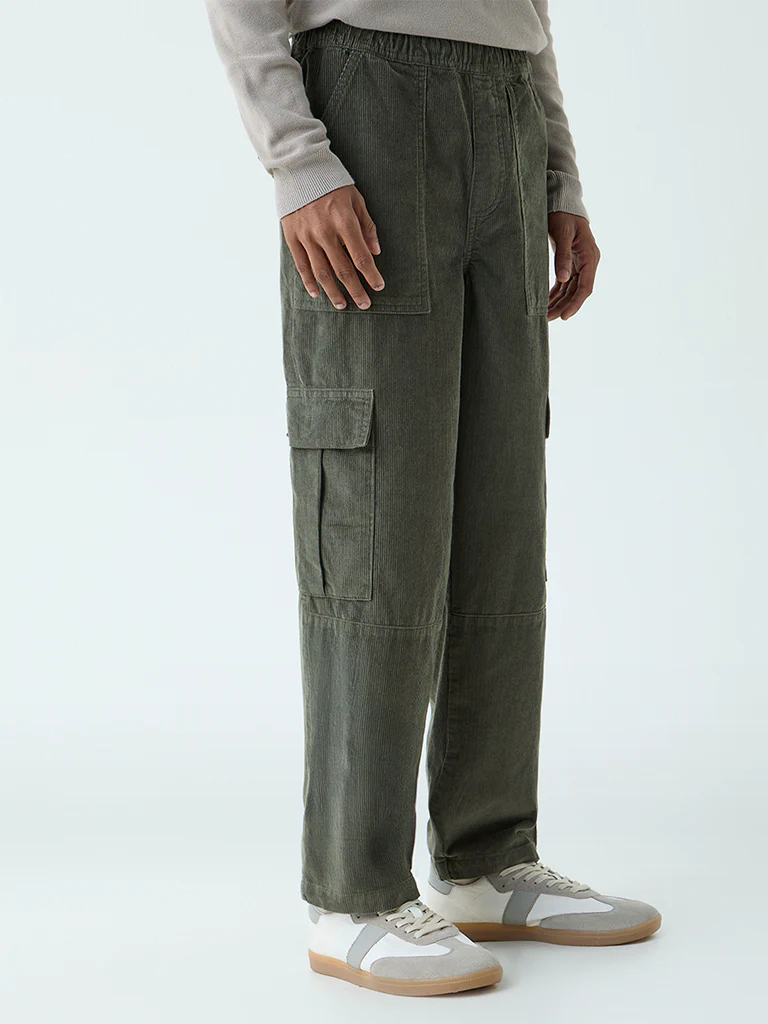 Nuon Olive Cargo-Style Relaxed-Fit Mid-Rise Corduroy Pants - Image 3