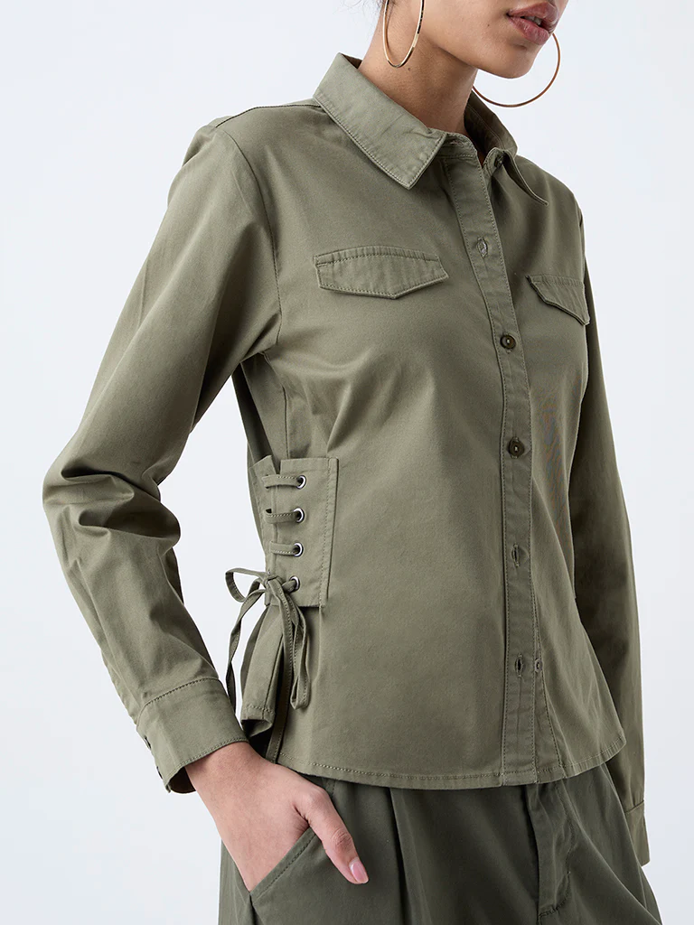 Nuon Olive Criss-Cross Detailed Cotton-Blend Shirt - Image 3