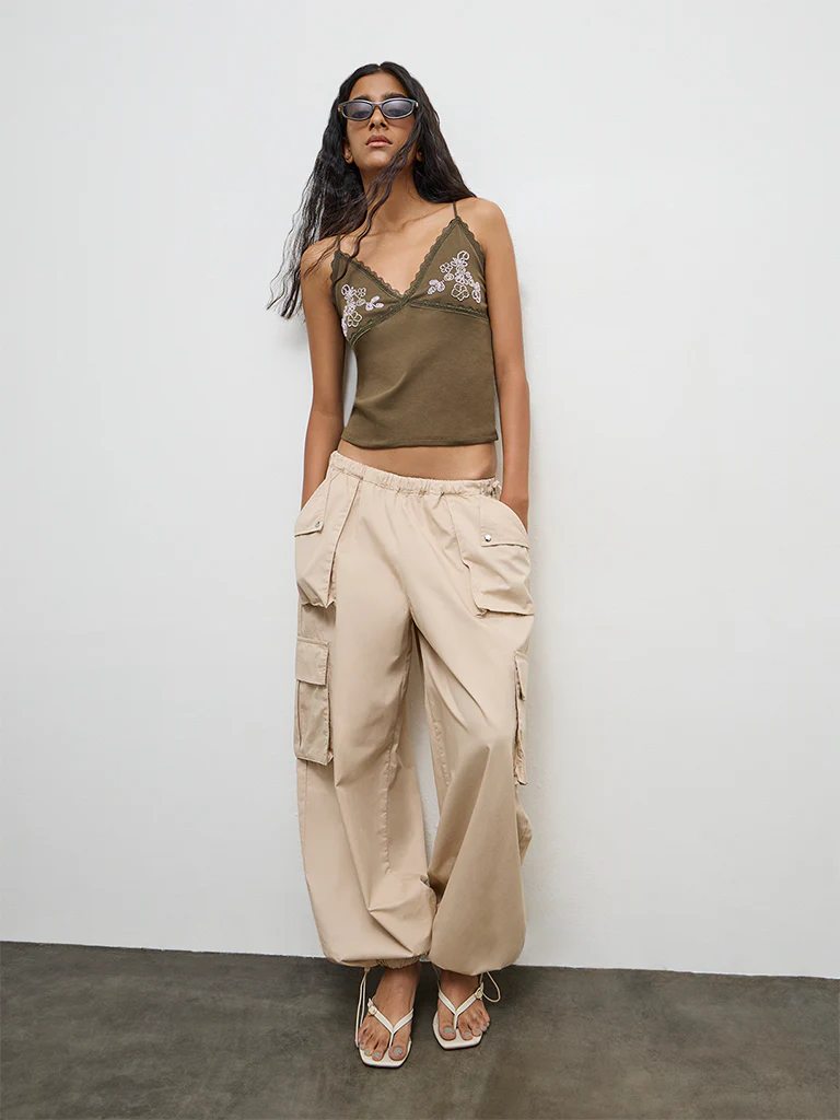 Nuon Olive Embellished Cotton-Blend Top