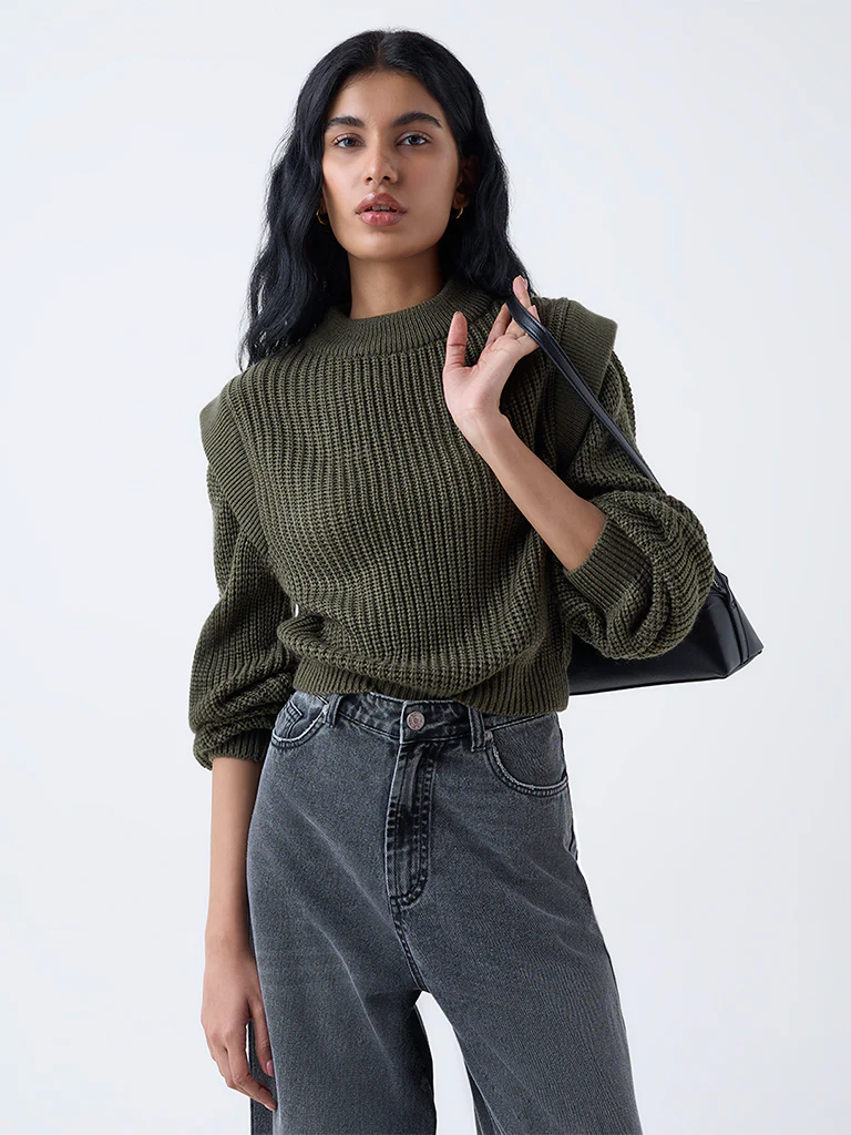 Nuon Olive Knit-Textured Sweater - Image 2