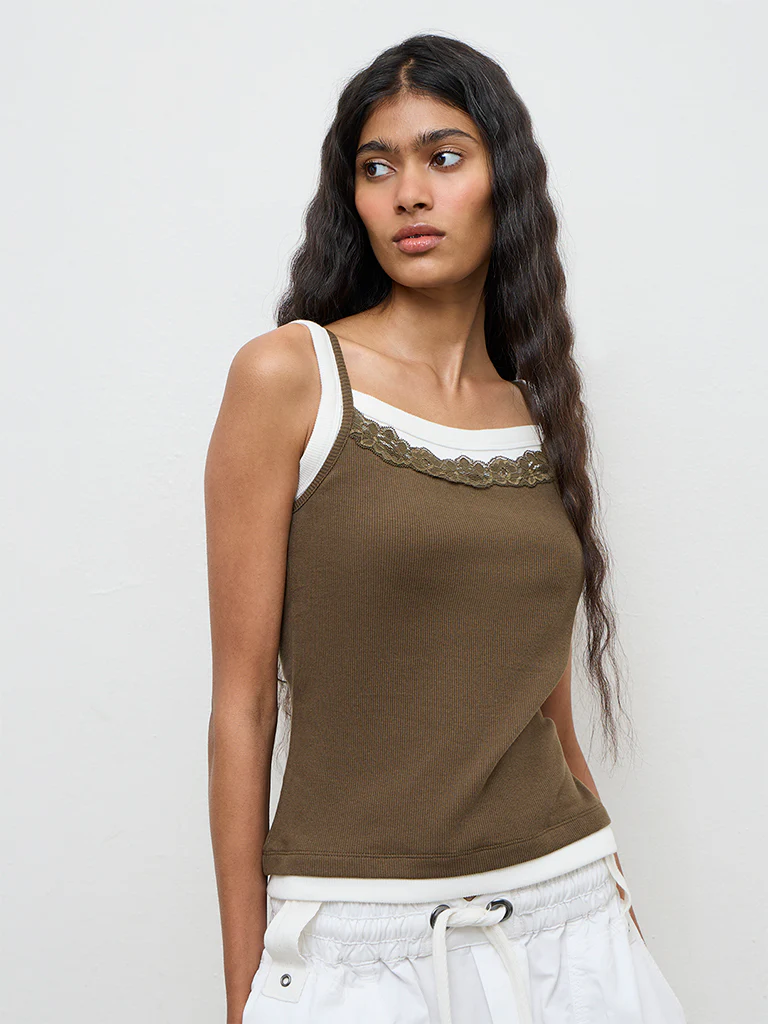 Nuon Olive Lace-Detailed Cotton-Blend Top