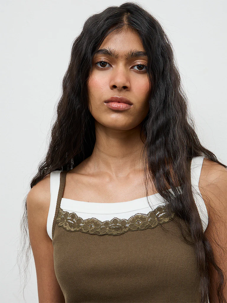 Nuon Olive Lace-Detailed Cotton-Blend Top - Image 3
