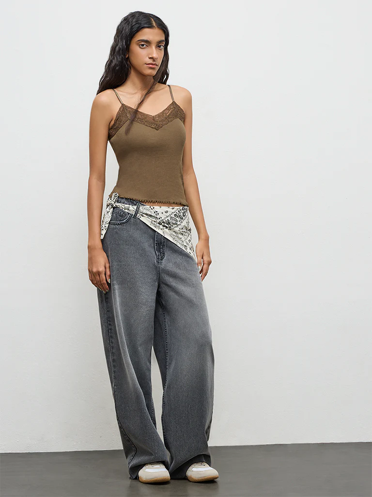 Nuon Olive Lace-Detailed Cotton-Blend Top - Image 2