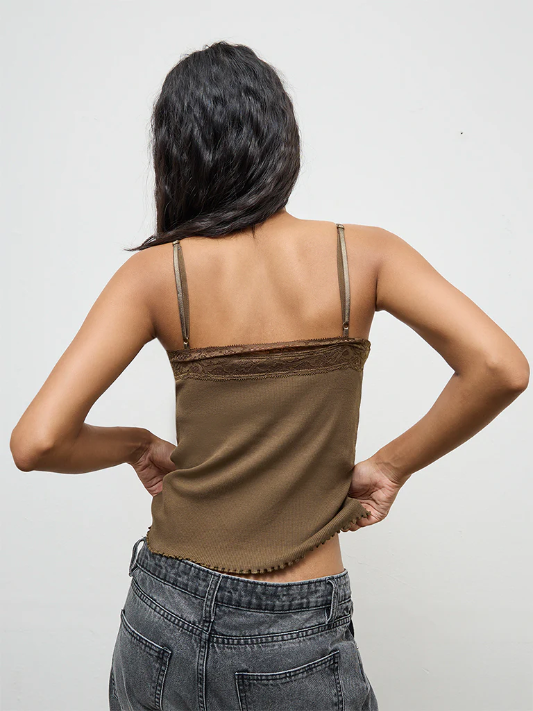 Nuon Olive Lace-Detailed Cotton-Blend Top - Image 4