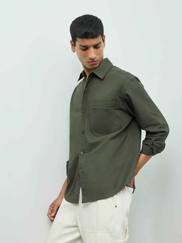 Nuon Olive Relaxed-Fit Cotton Shirt - Image 2