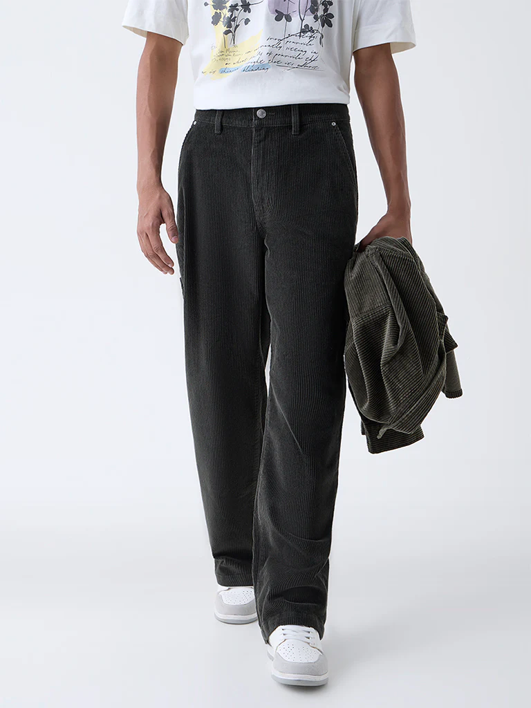 Nuon Olive Relaxed Fit Mid-Rise Corduroy Trousers - Image 3