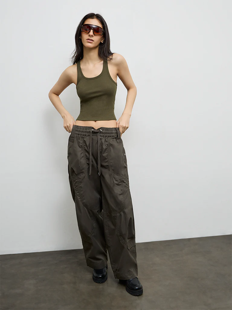 Nuon Olive Ribbed Cotton-Blend Top - Image 2
