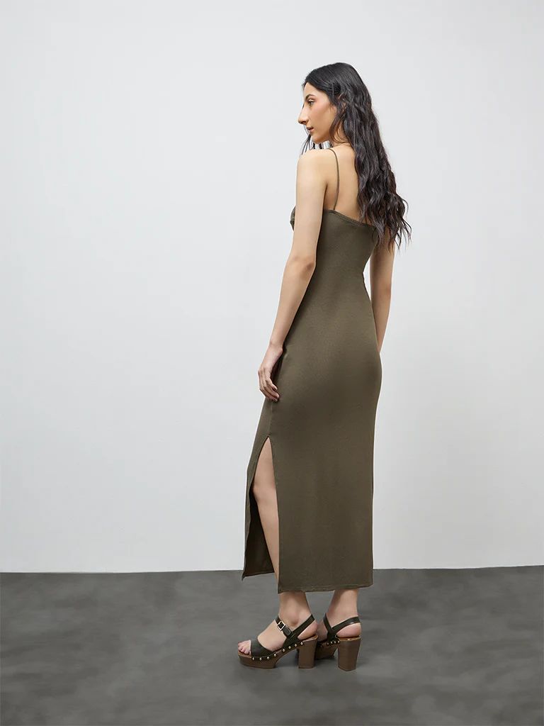 Nuon Olive Ribbed-Textured Straight Dress - Image 4
