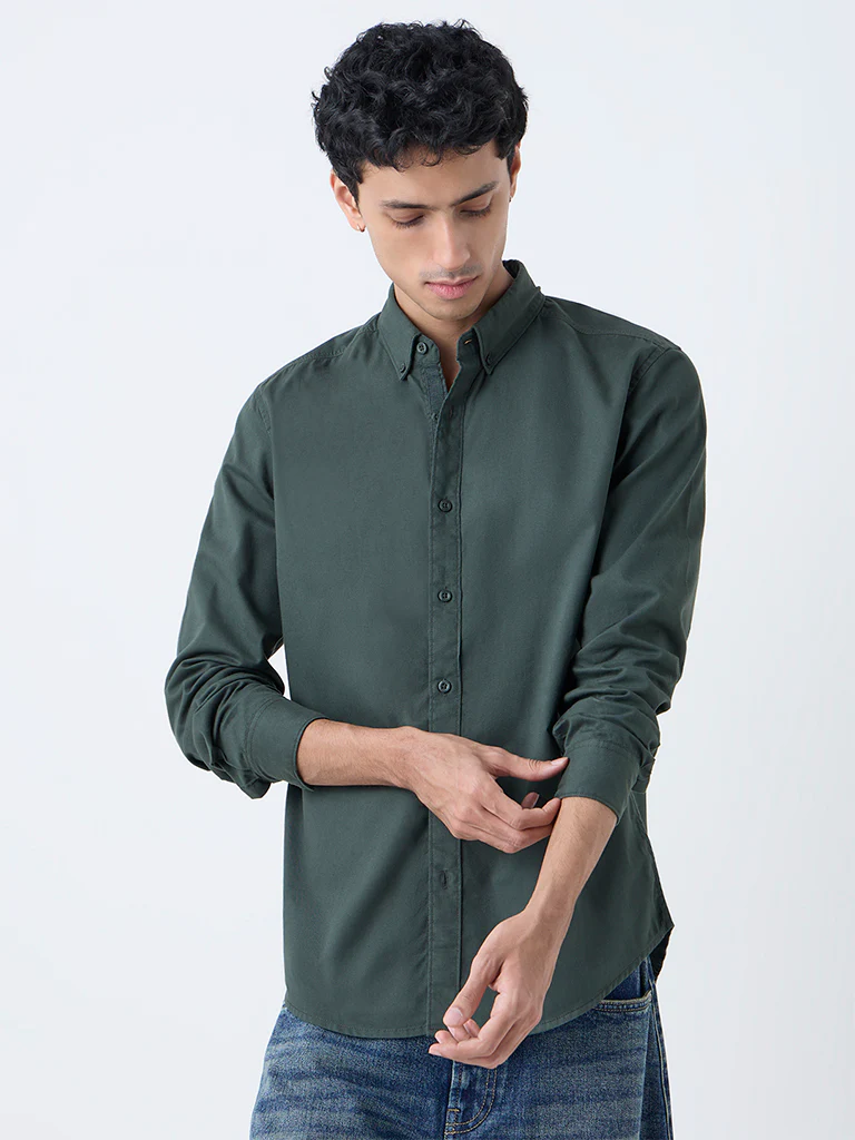 Nuon Olive Solid Slim-Fit Cotton Shirt - Image 3