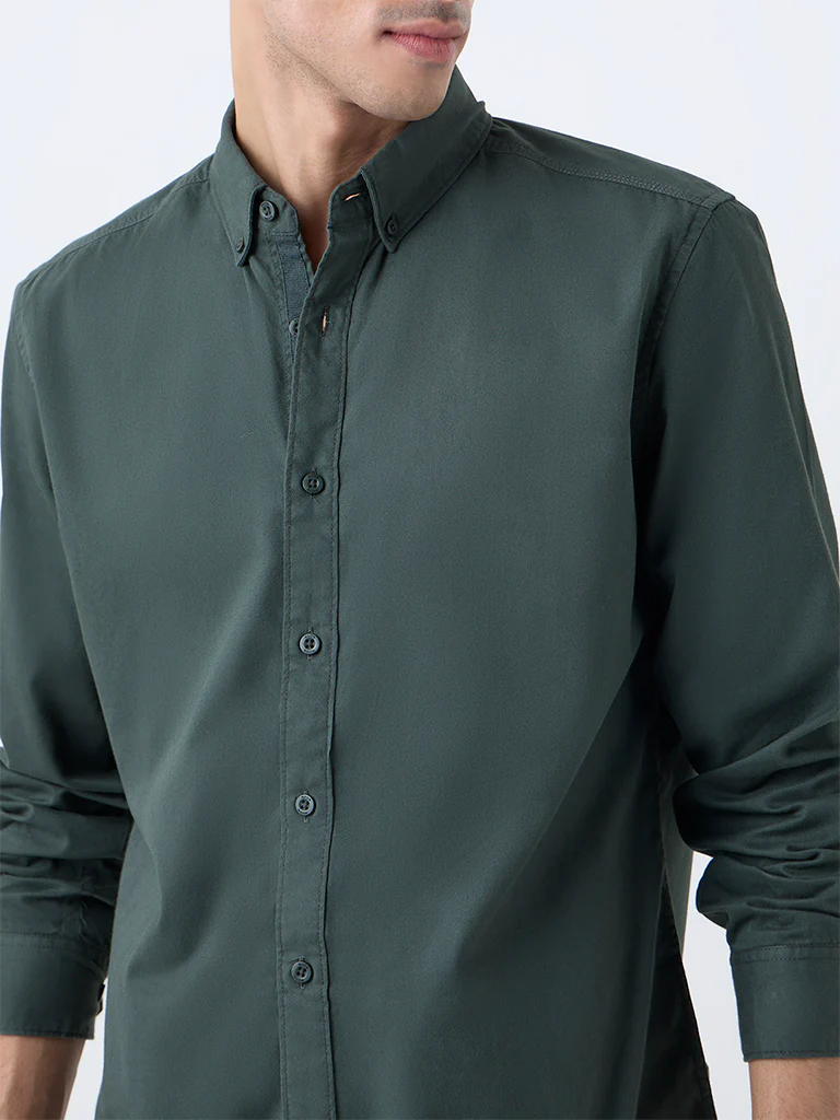 Nuon Olive Solid Slim-Fit Cotton Shirt - Image 4