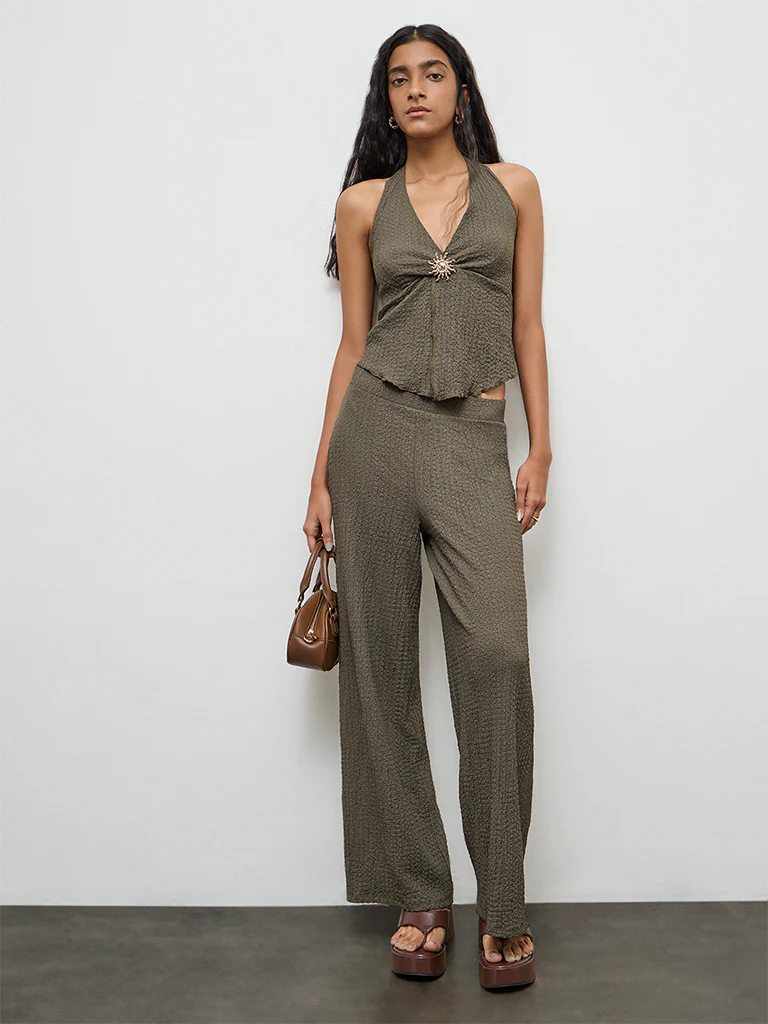 Nuon Olive Textured Halter-Neck Top - Image 2
